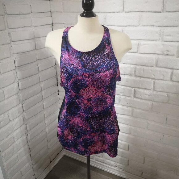 Under Armour Run Ladies Size XL Navy Black Brown & Pink Pattern Racer Back Top - Picture 1 of 8